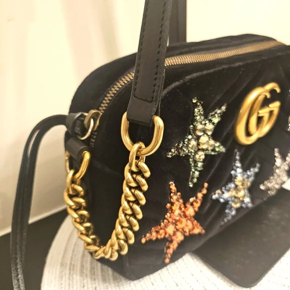 Gucci GG Marmont Velvet Camera Bag Star Crystal Embellished Black - Picture 4 of 16